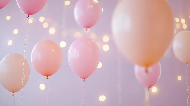 Soft pink balloons float gracefully against a dreamy backdrop of lights