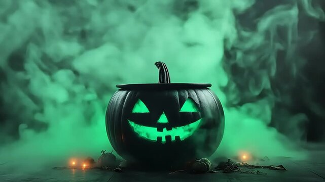 Spooky Halloween scene with a glowing jack-o'-lantern cauldron in fog