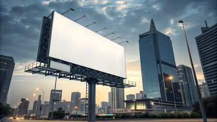 Blank Billboard, Massive blank billboard in a cityscape at dusk with modern skyscrapers and dramatic sky