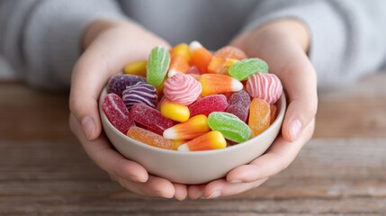 Colorful candy assortment held in hands, perfect for sharing and celebrating special moments with friends and family