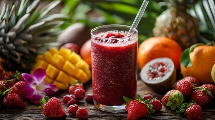 Refreshing red fruit smoothie surrounded by tropical fruits, vibrant and inviting.