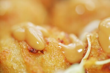Close-up of bonito flakes dancing on hot takoyaki in macro detail