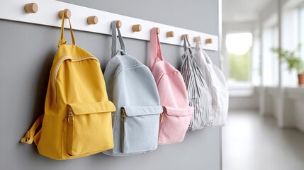 Colorful backpacks hanging on a wall in a bright, modern indoor space during daytime