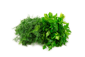 Dill and parsley isolated on white background. Mixed bunch of fresh parsley and dill. Fresh aromatic spicy greens. Spices and herbs.