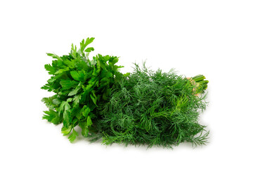 Dill and parsley isolated on white background. Mixed bunch of fresh parsley and dill. Fresh aromatic spicy greens. Spices and herbs.
