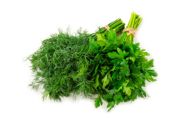 Dill and parsley isolated on white background. Mixed bunch of fresh parsley and dill. Fresh aromatic spicy greens. Spices and herbs.