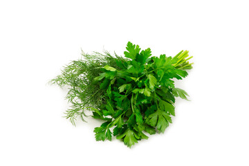 Dill and parsley isolated on white background. Mixed bunch of fresh parsley and dill. Fresh aromatic spicy greens. Spices and herbs.