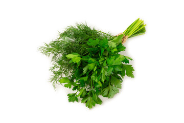 Dill and parsley isolated on white background. Mixed bunch of fresh parsley and dill. Fresh aromatic spicy greens. Spices and herbs.