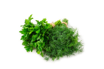 Dill and parsley isolated on white background. Mixed bunch of fresh parsley and dill. Fresh aromatic spicy greens. Spices and herbs.