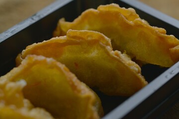 Close-up gyoza crispy edge