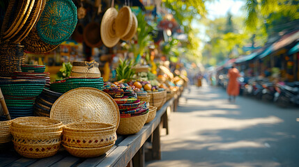 Assorted woven baskets and bowls displayed on a street market stall.