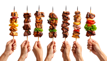 3D Rendered Meat Skewers Held in Hand – Tikka Kebabs with Bold Seasoning, Isolated on transparent background PNG
