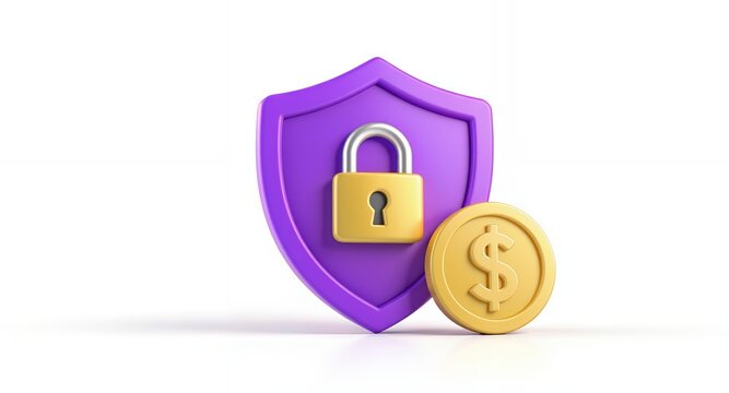 3D Render of Purple Shield with Gold Lock and Dollar Coin for Financial Security Concept