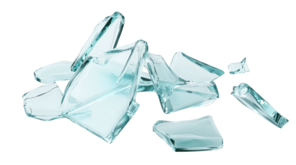 Broken glass with sharp pieces isolated on white rendered with soft pastel tones and elegant spacing for clean composition isolated on transparent background