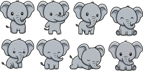 vector illustration of elephant funny cute cartoon mascot character cartoon with 8 poses 01