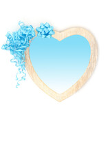 Heart shape frame symbol of romance and love with blue ribbon bow decoration on white with gradient fill. Design for Valentines, menu, invitation.
