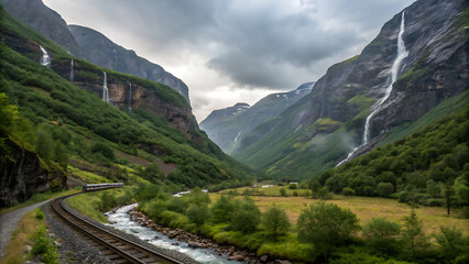 Beautiful train journey Flams Bana between Flam and Myrdal in Arlanda in Western Norway.