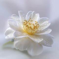 Fototapeta premium Closeup White Camellia Flower With Dew Drops