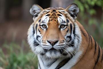 Fototapeta premium Close-up portrait of a stunning tiger with expressive eyes, intense gaze and striking stripes
