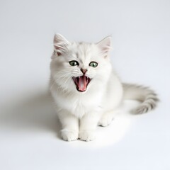 Obraz premium Playful silver British Shorthair kitten with open mouth against a plain background.