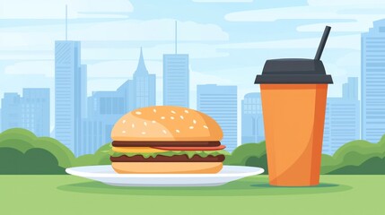 Burger and drink in a park setting overlooking city buildings.