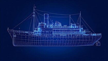 Fototapeta premium Detailed Steamship Drawing on Dark Background