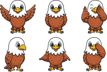 vector illustration eagle falcon hawk bird funny cute cartoon mascot character cartoon with 6 poses 