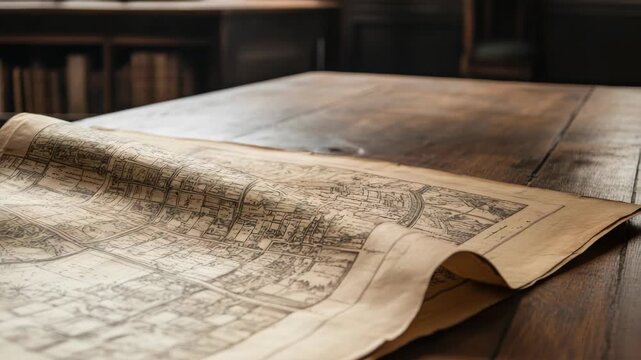 Ancient map on wooden table in library
