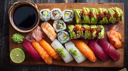 fresh sushi platter with colorful rolls and sashimi on a bamboo tray, overhead view