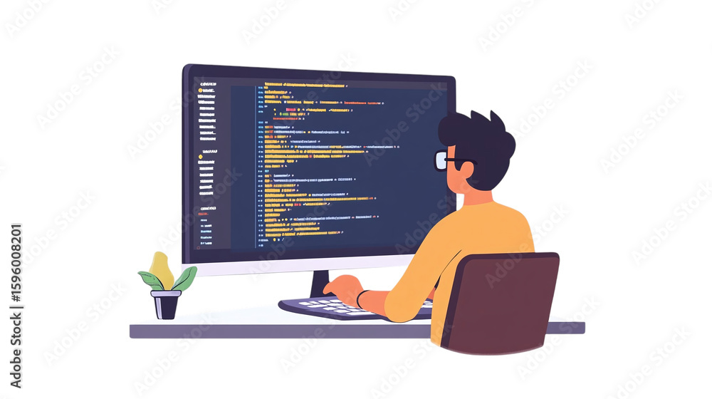 Poster cartoon vector illustration of software developer typing code on large screen isolated on transparen