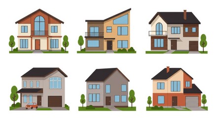 Collection of six modern suburban house illustrations