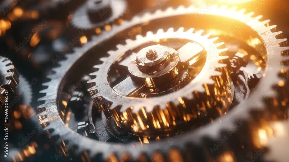 Poster intricate close-up of gears in motion creating mechanical energy and motion in industrial settings