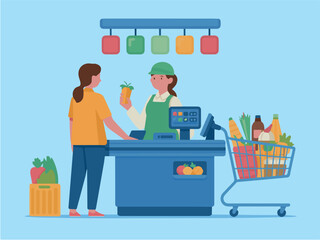 Clean and modern vector  grocery store checkout cashier customer shopping supermarket retail purchase payment counter transaction food line