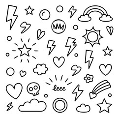 Black Outline Doodle Collection of Hearts Stars Lightning Bolts and Clouds hand drawn black and white