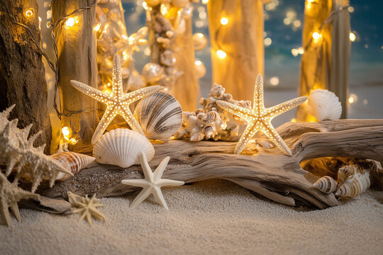 Holiday display, with seashell ornaments, starfish and driftwood arranged on sandy surface. Generative AI