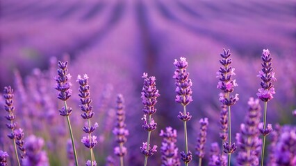 A vast field of vibrant purple lavender flowers stretches towards the horizon under a soft, diffused light