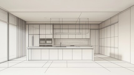 Architectural sketch of a modern kitchen interior.
