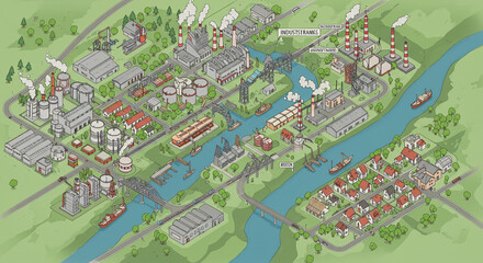 Industrial Landscape: Isometric View of a Riverfront City with Factories and Homes.