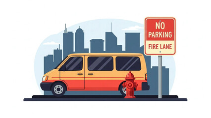 A van parked in front of a fire hydrant with a clear &ldquo;No Parking &ndash; Fire Lane&rdquo; sign posted. 2