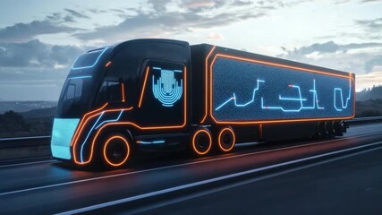 Futuristic Electric Truck with Neon Lights Driving on Open Highway at Dusk - Powered by Adobe