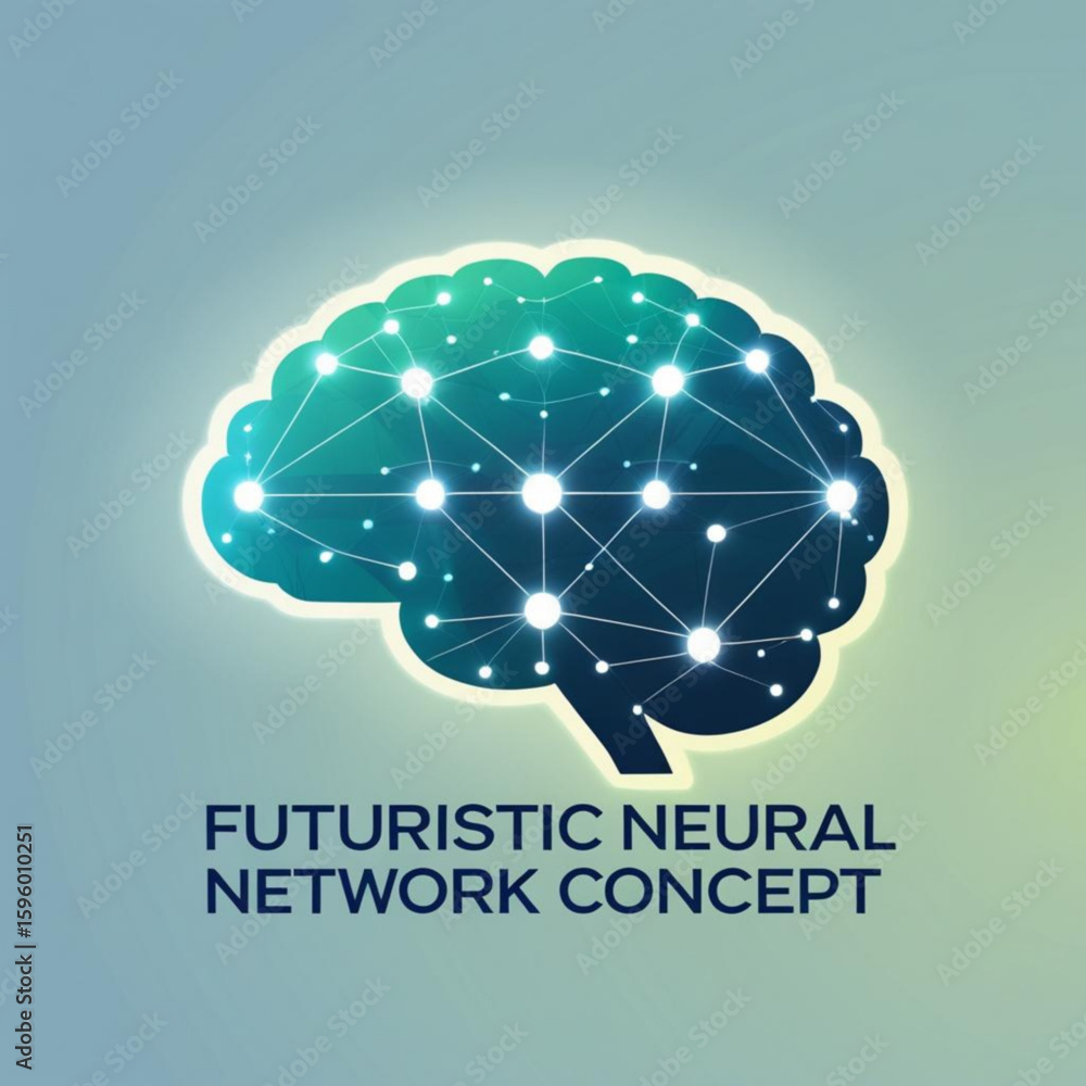 Poster illustration of a glowing cerebral organ with connected nodes representing neural network connection