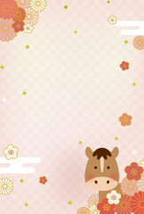 2026年 午年 年賀状イラスト｜かわいい馬と和風花柄のデザイン