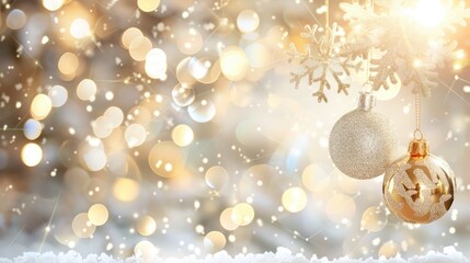 Elegant golden christmas ornaments with snowflakes on blurred bokeh lights background and free place for text