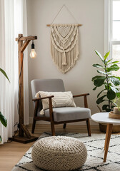 Boho Reading Corner with Mid-Century Armchair and Rustic Lamp Decor