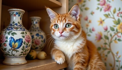 cat knocking vase off shelf, innocent look, mischief denial
