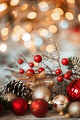 Christmas baubles on a table with blurred festive background and warm bokeh lights
