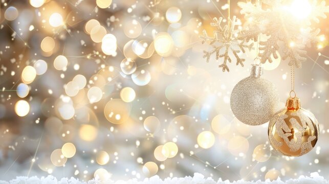 Elegant golden christmas ornaments with snowflakes on blurred bokeh lights background and free place for text