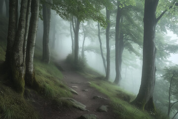 Obraz premium Foggy forest with tall, ancient trees and a mysterious path. Generative AI