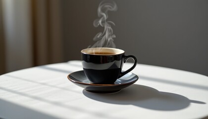 black coffee cup steaming on saucer, morning ritual, clean lines