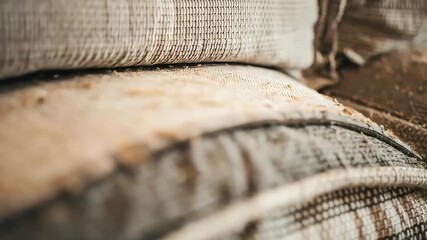 Macro shot of a dirty, infested couch showing dust and bug remnants on the old, worn fabric